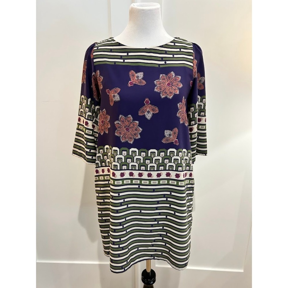 Bingo Betty Womens' Purple Green Floral‎ Stripe 3/4 Sleeve Shift Dress Size M